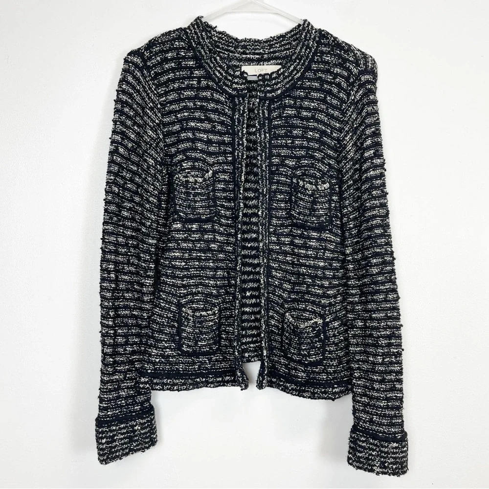 Loft Sweater Womens Small Black White Knit Round Neck Cardigan